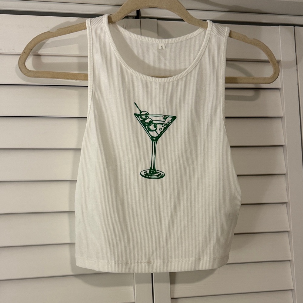 White Cropped Tank Top with Green Martini